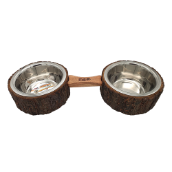 Petex pair of stainless-steel bowls inside a tree trunk